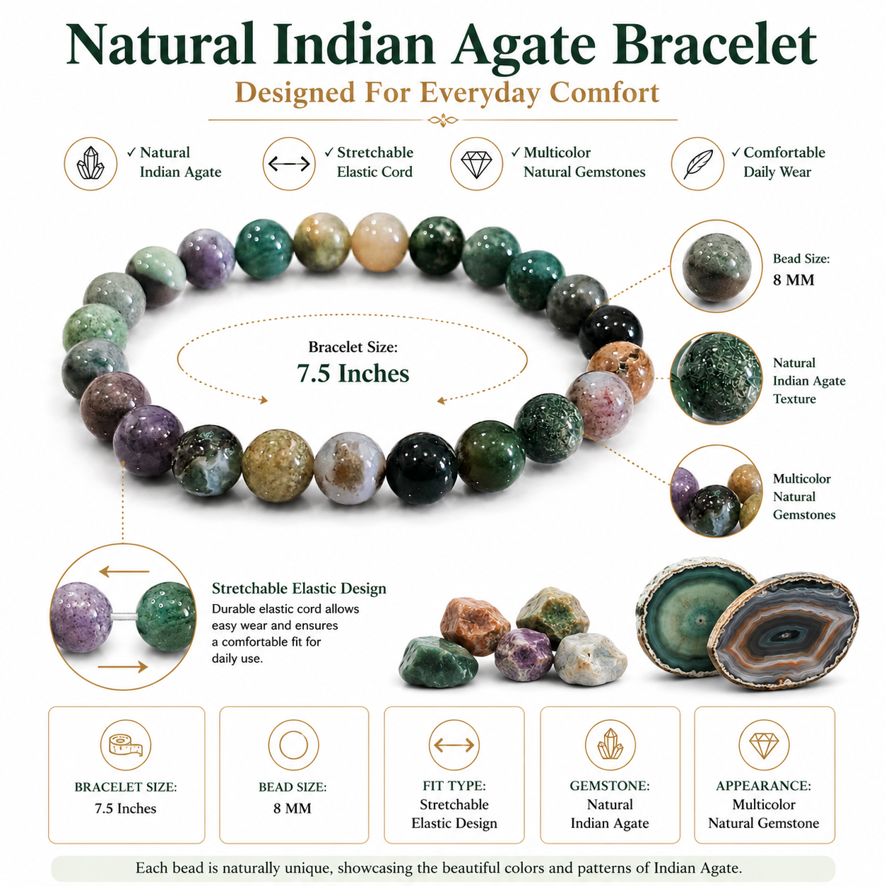 Natural Indian Agate Bracelet – Stability, Harmony & Positive Energy Bracelet