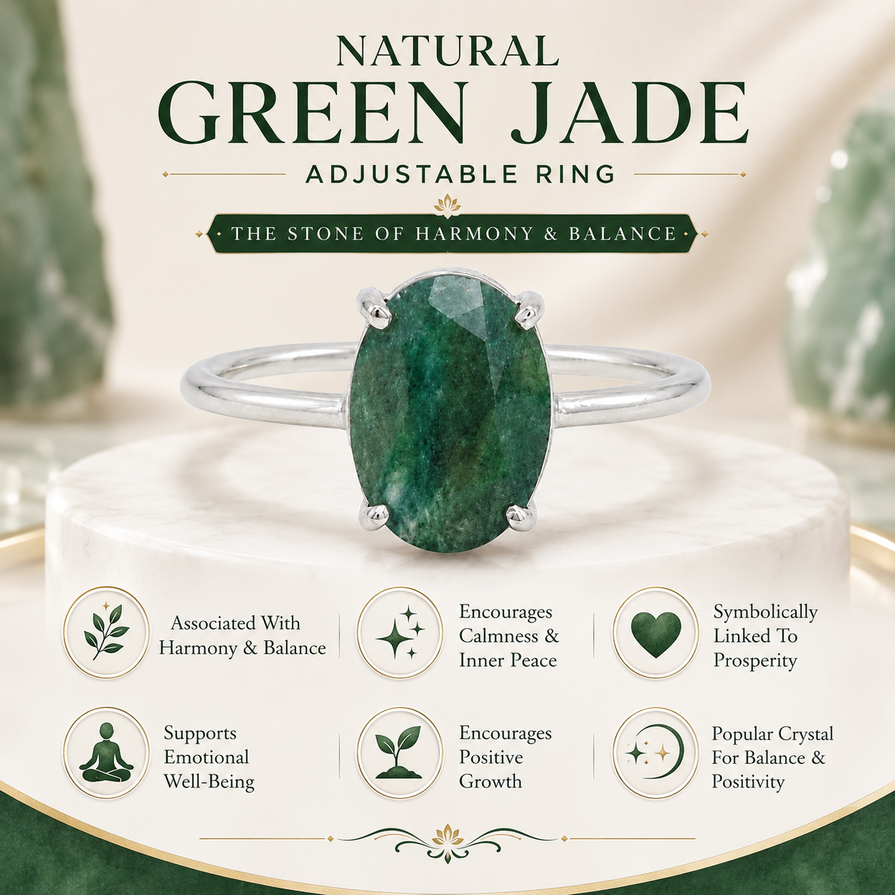 Natural Green Jade Adjustable Ring | Handmade Green Jade Gemstone Ring | Healing Crystal Jewelry