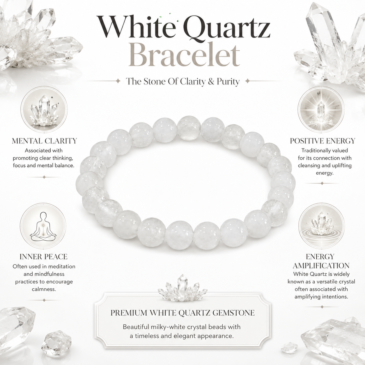 Natural White Quartz Bracelet – Clarity, Balance & Positive Energy Crystal Bracelet