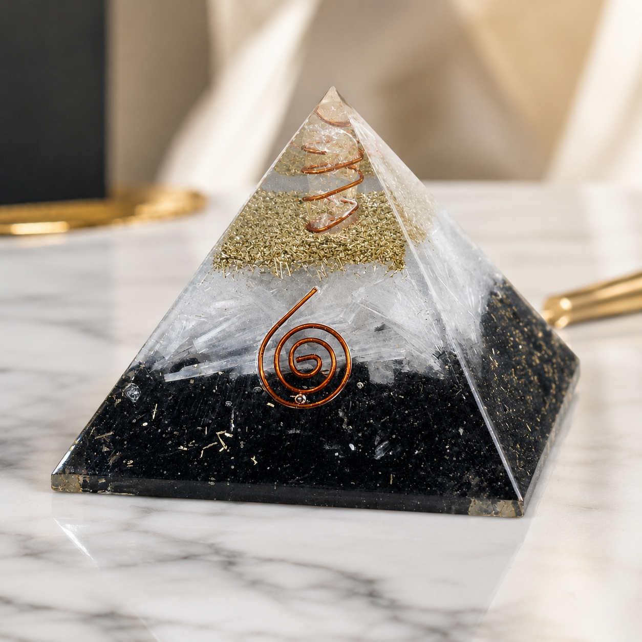 Natural Black Tourmaline & Selenite Orgonite Pyramid
