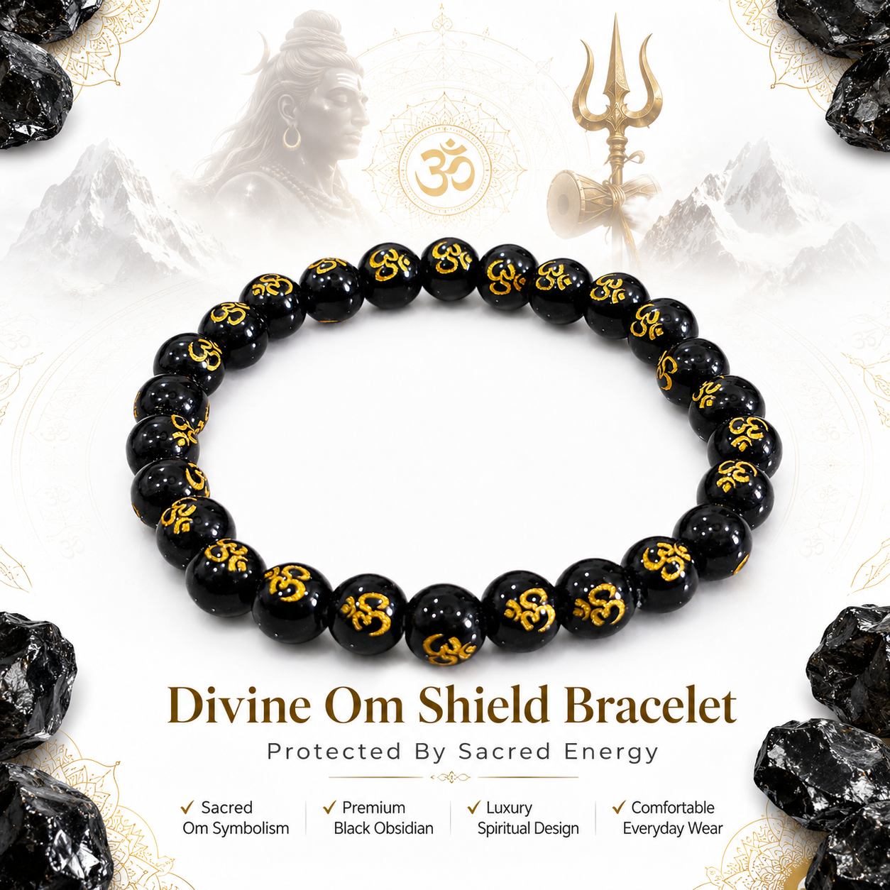 Divine OM Shield Bracelet | Natural Black Obsidian Protection Bracelet with Golden OM Mantra Beads