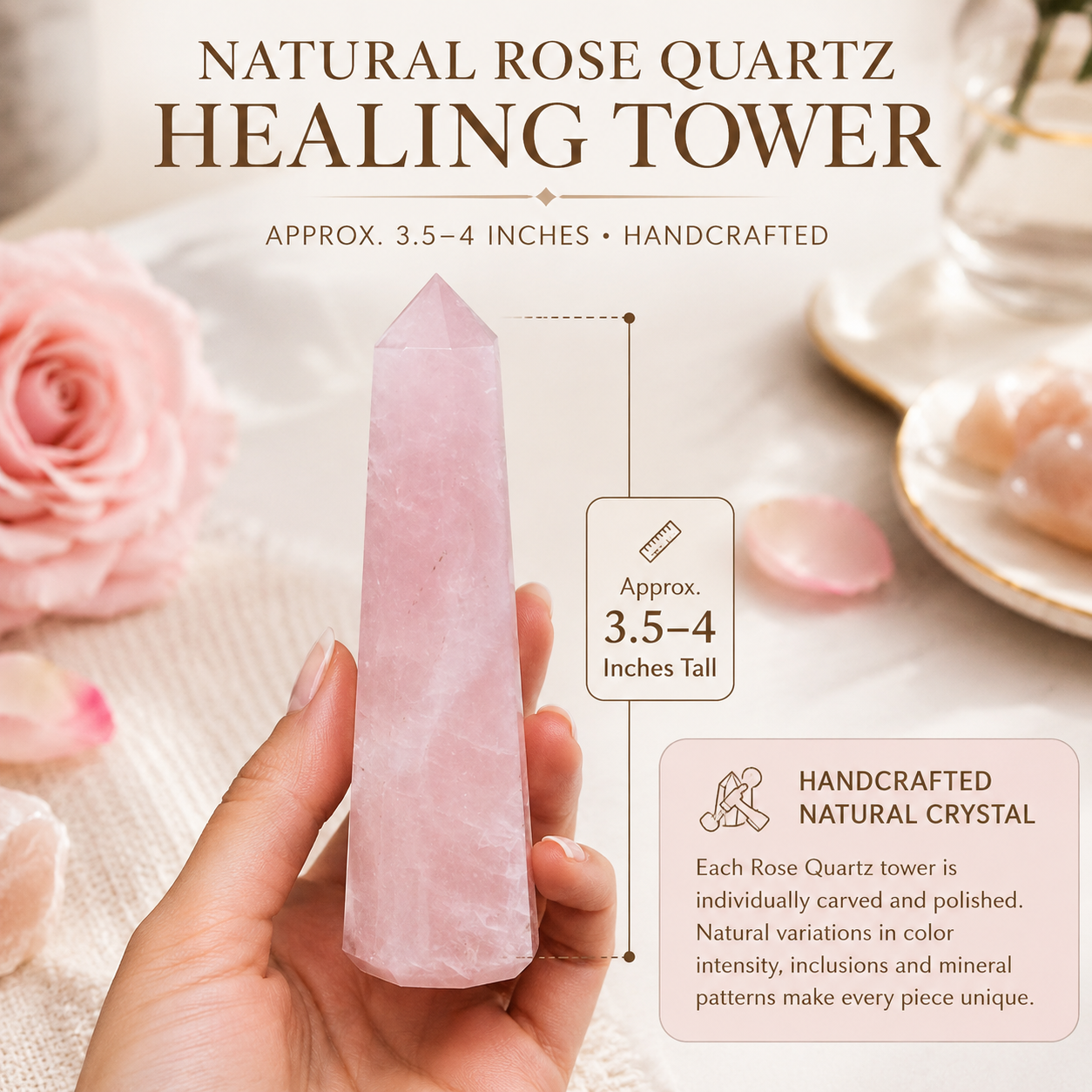 Natural Rose Quartz Healing Tower | Premium Polished Rose Quartz Crystal Point | Love, Harmony & Meditation Crystal