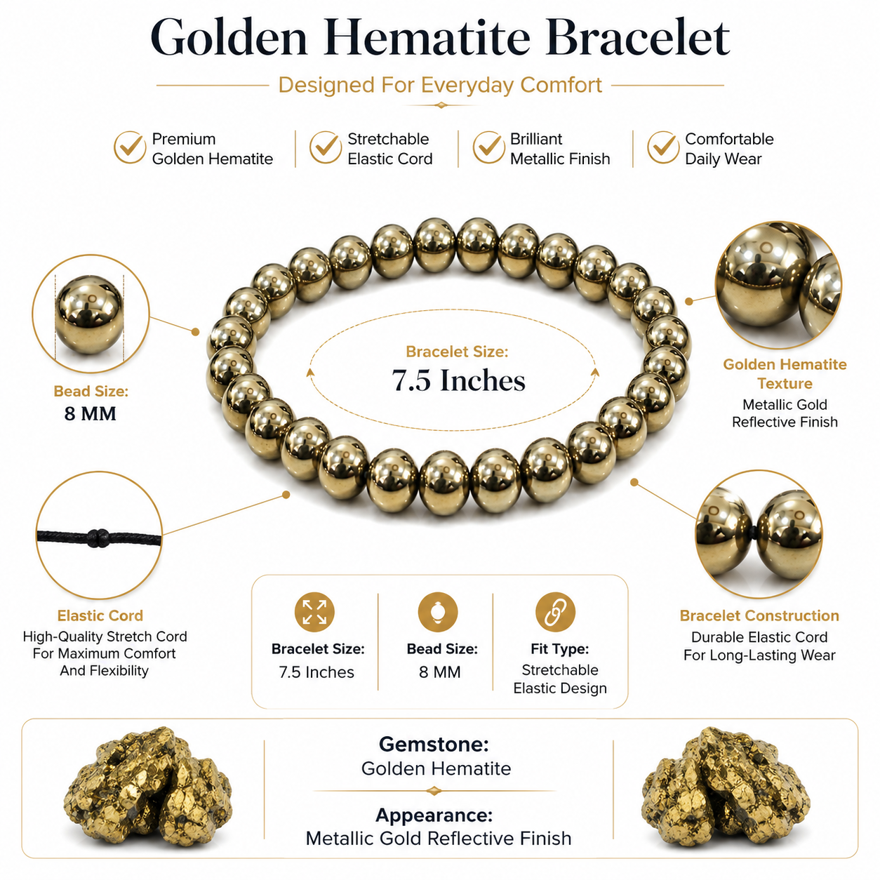 Natural Golden Hematite Bracelet – Grounding, Confidence & Strength Bracelet