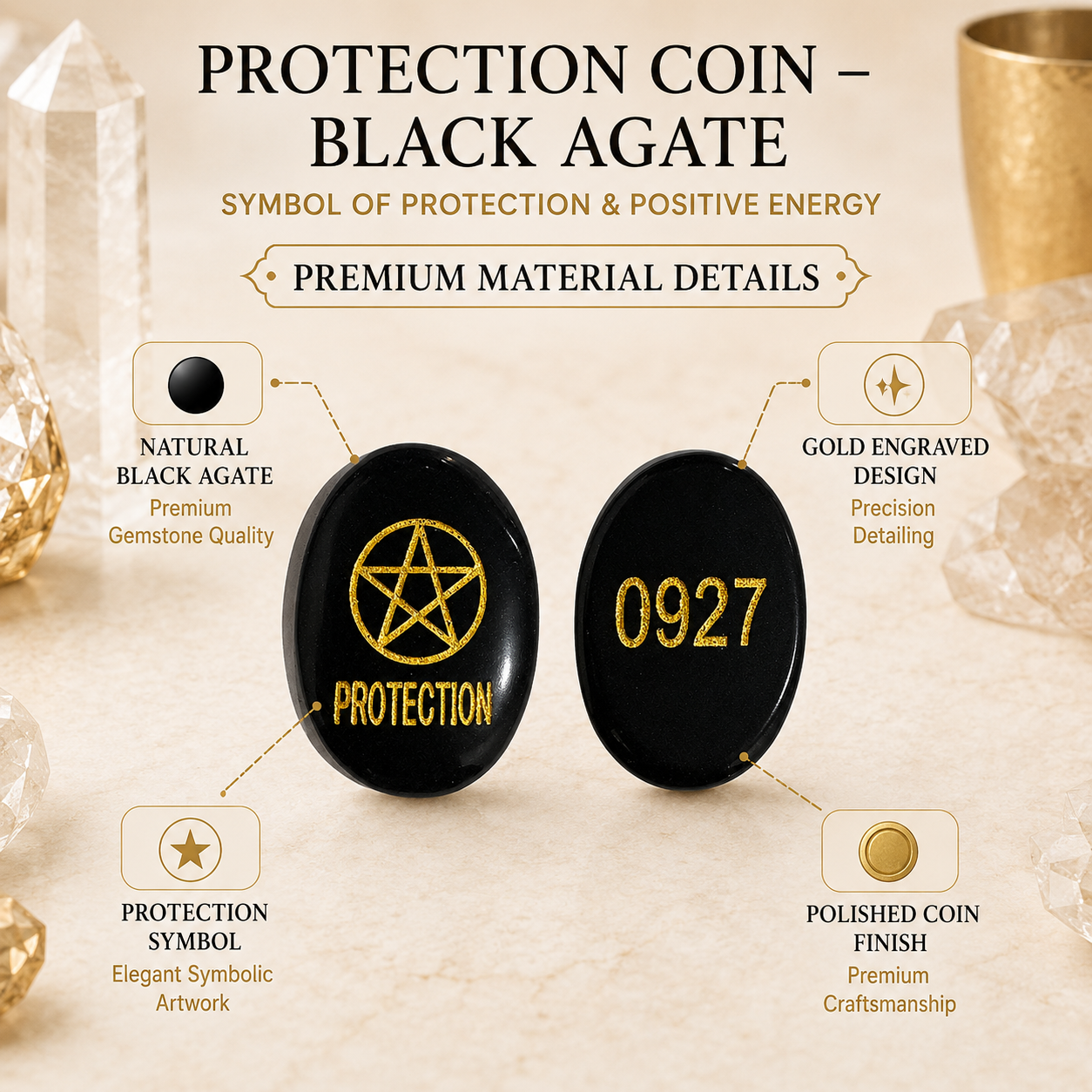 Natural Black Agate Protection Coin | Sacred Protection Energy Coin | Pocket Crystal for Positivity, Meditation & Spiritual Practices