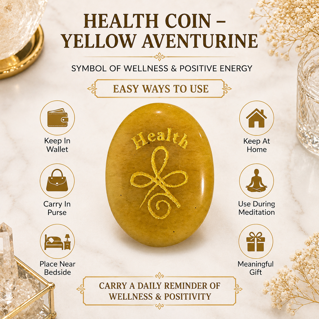 Natural Yellow Aventurine Health Coin | Wellness & Positive Energy Pocket Stone | Engraved Healing Symbol Crystal Coin