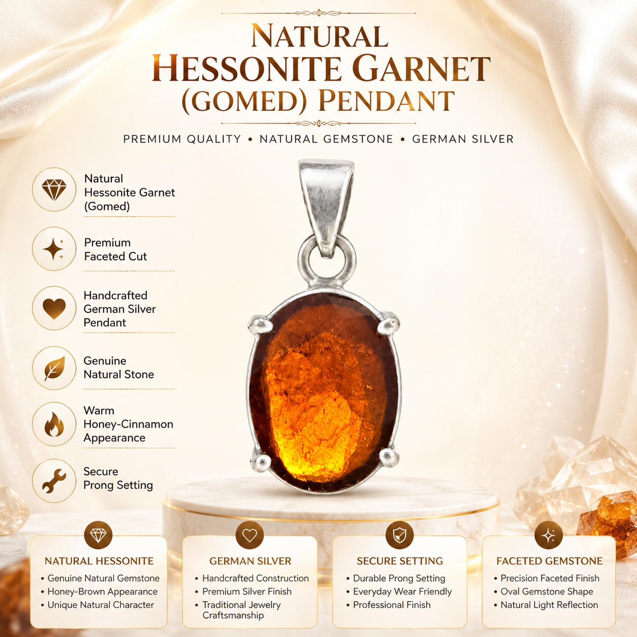Natural Hessonite (Gomed) Pendant | Handmade Hessonite Gemstone Pendant | Healing Crystal Jewelry