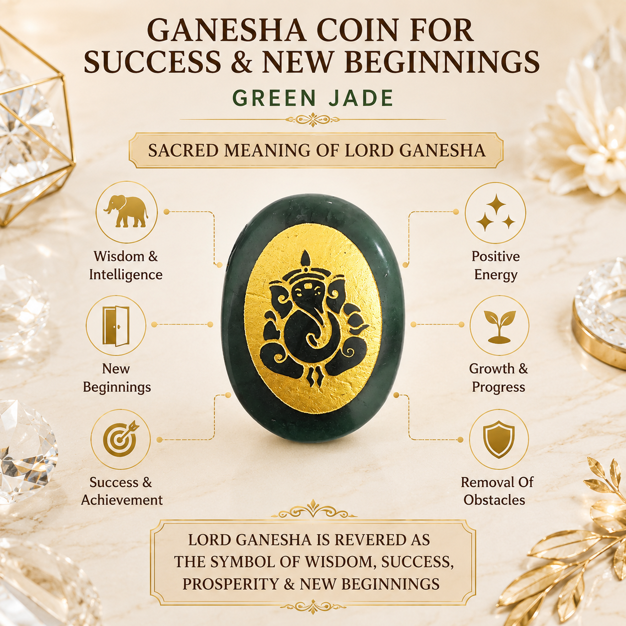 Natural Green Jade Ganesha Coin | Success & New Beginnings Pocket Stone | Lord Ganesha Engraved Crystal Coin