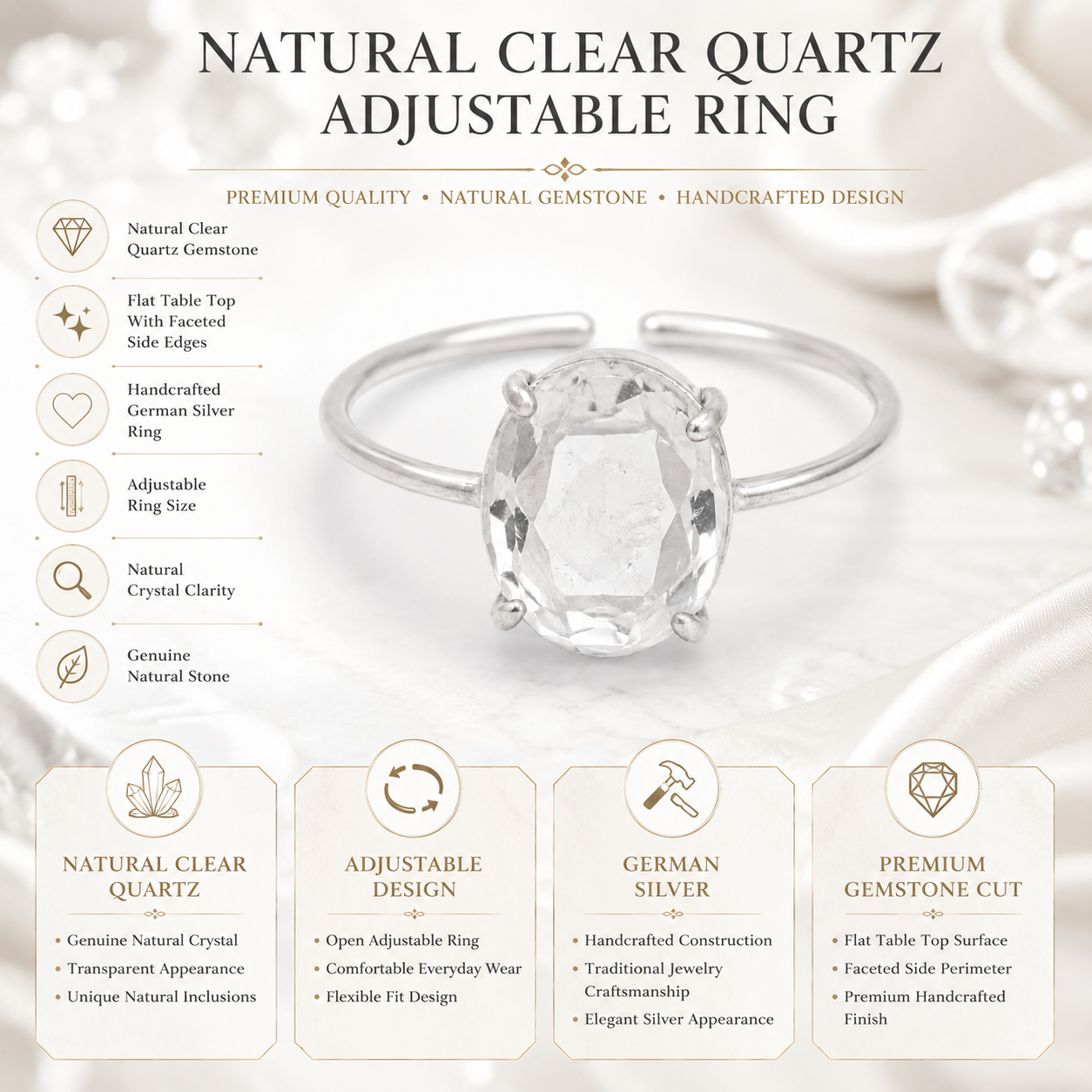 Natural Clear Quartz Adjustable Ring | Handmade Crystal Gemstone Ring | Healing Crystal Jewelry