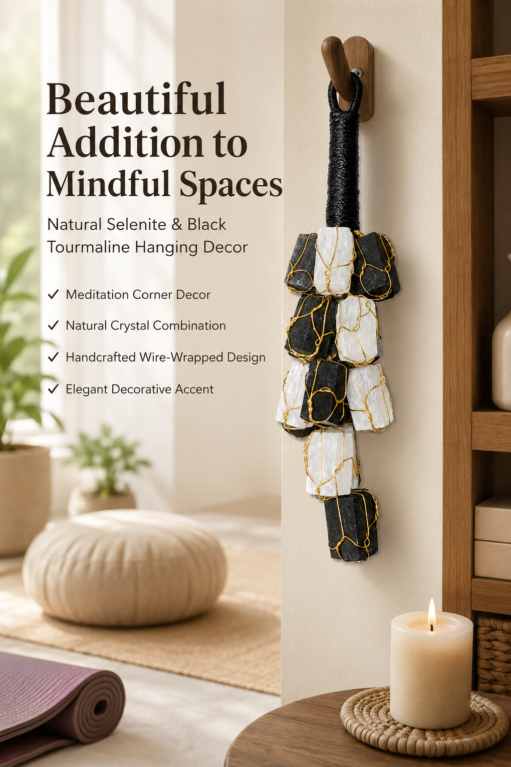 Selenite & Black Tourmaline Hanging Decor | Natural Crystal Protection Hanging | 15 Stones | Home & Office Decor