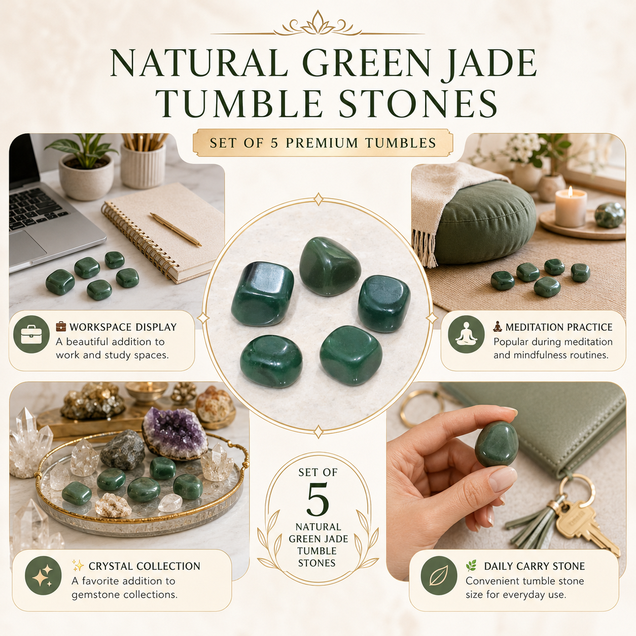 Natural Green Jade Tumble Stones | Set of 5 Premium Green Jade Crystal Tumbled Stones | Prosperity, Harmony & Good Luck Healing Crystals