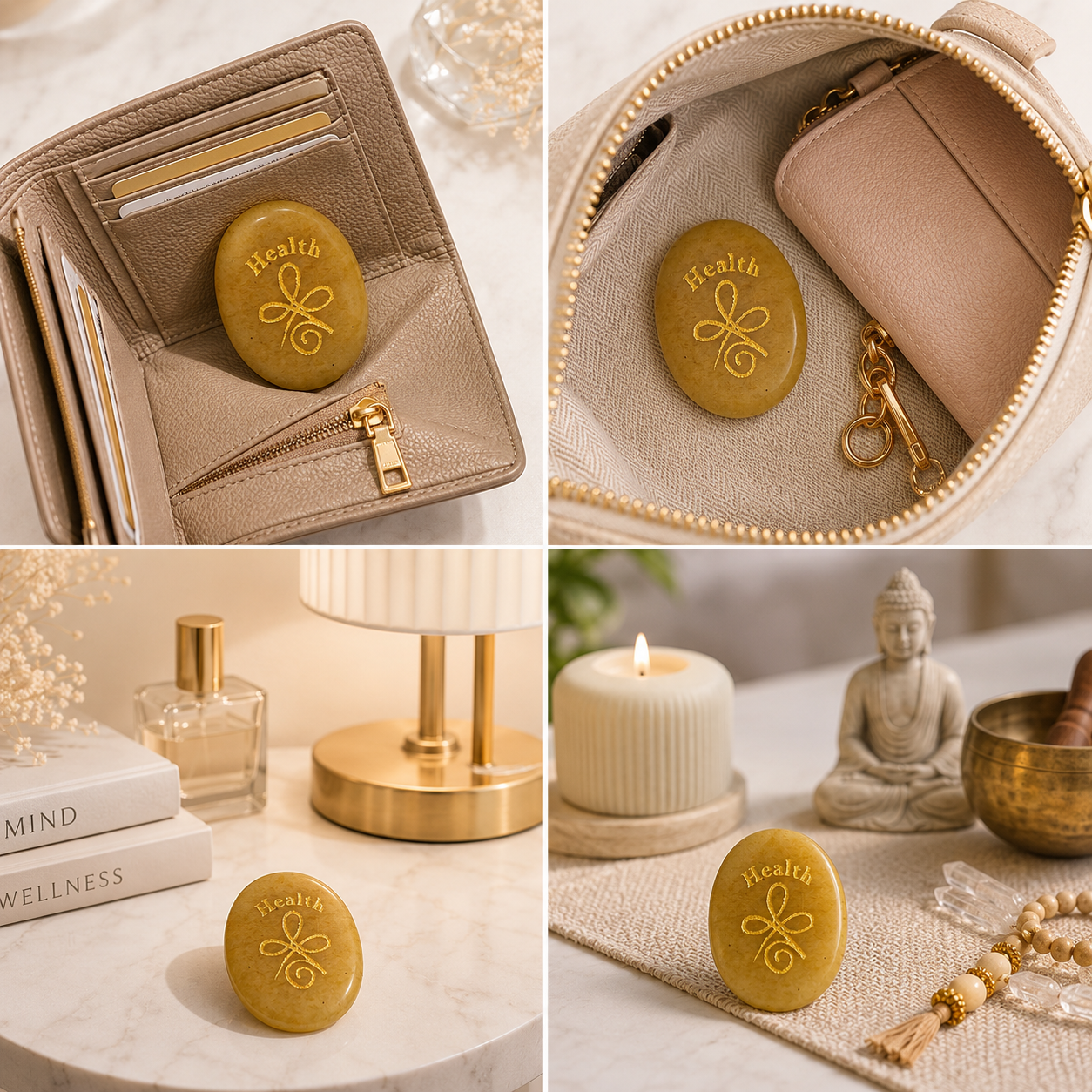 Natural Yellow Aventurine Health Coin | Wellness & Positive Energy Pocket Stone | Engraved Healing Symbol Crystal Coin