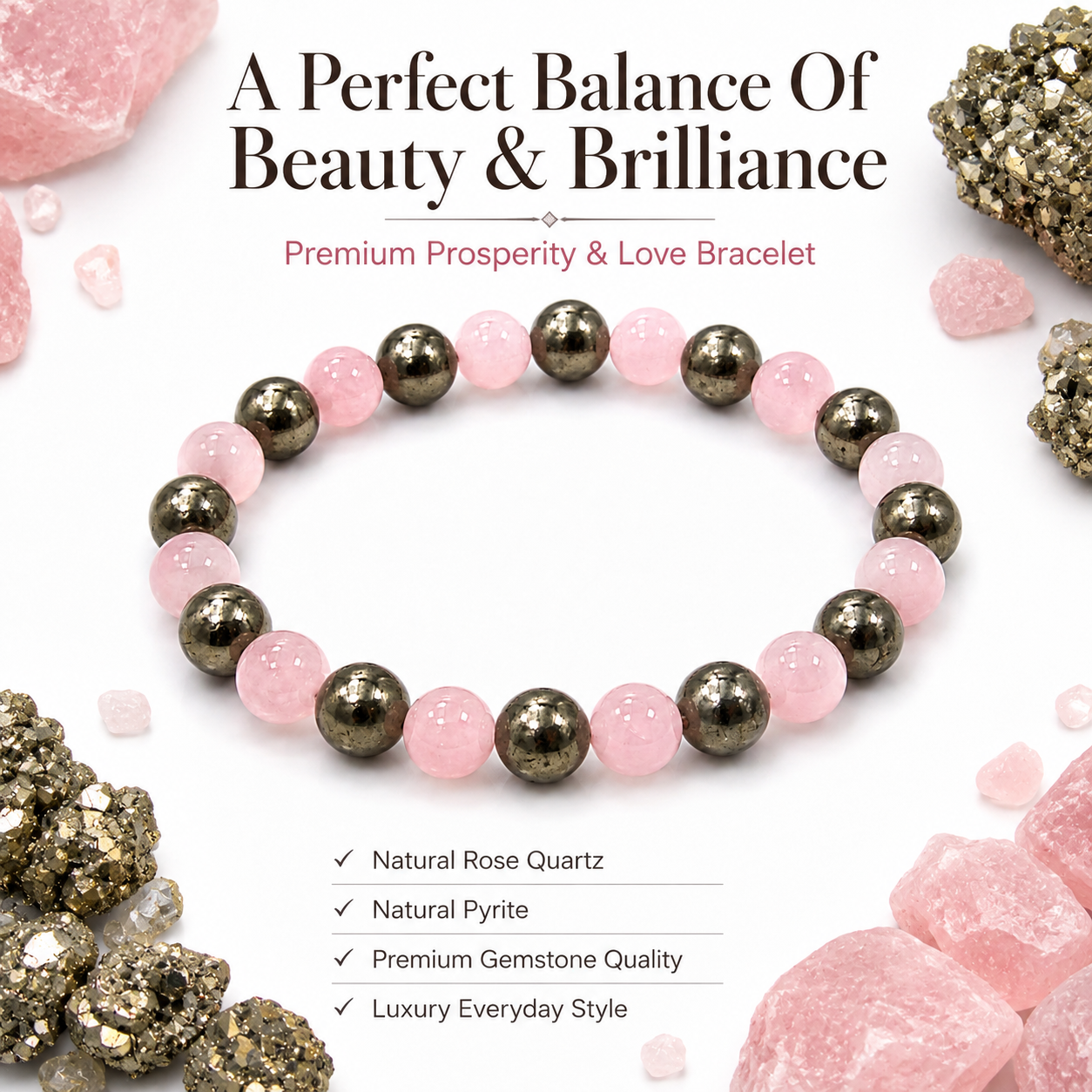 Prosperity & Love Bracelet | Natural Rose Quartz & Pyrite Crystal Bracelet 8mm