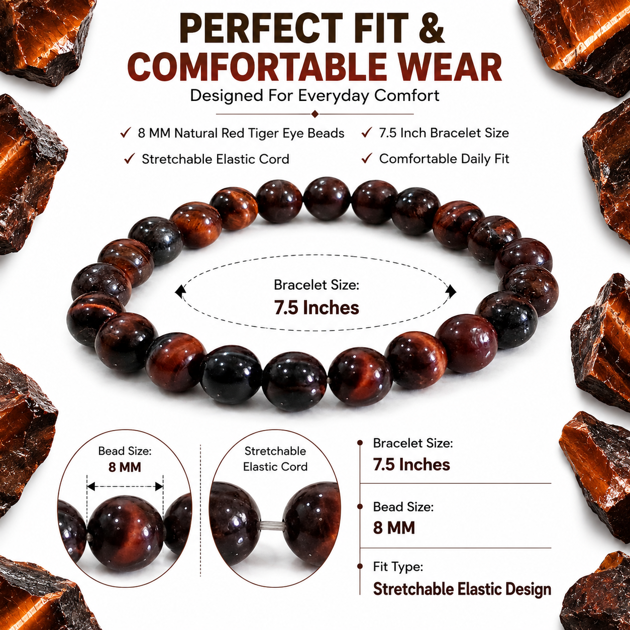 Natural Red Tiger Eye Bracelet 8mm