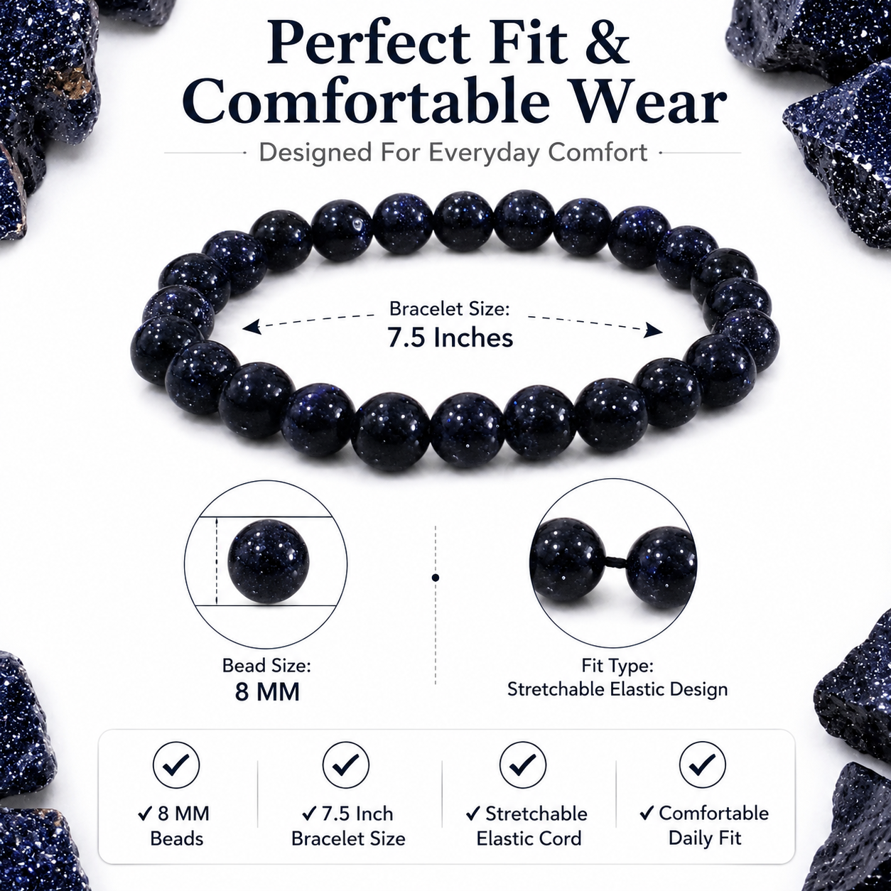 Blue Goldstone Bracelet 8mm | Certified Ambition, Confidence & Positive Energy Crystal Bracelet