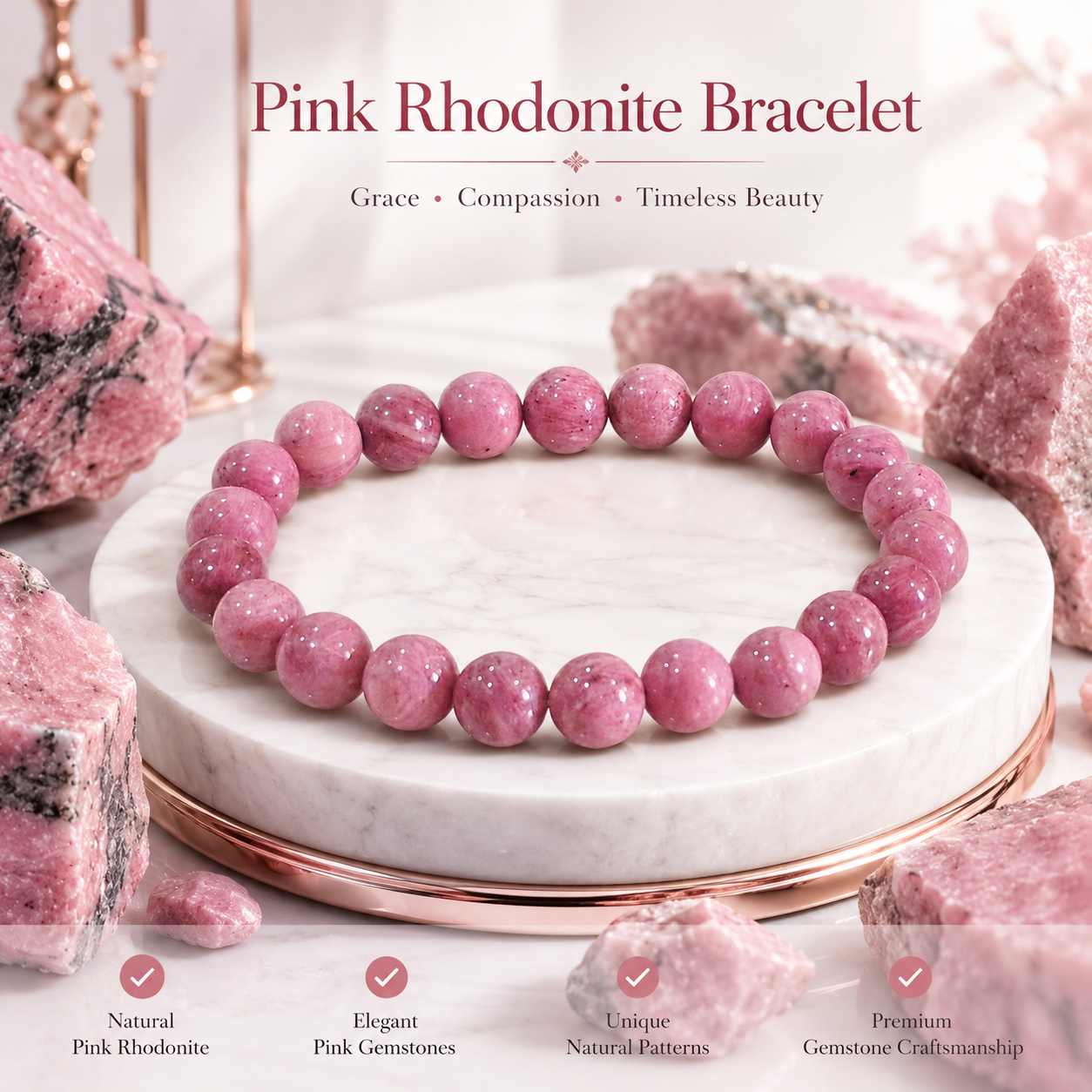 Natural Pink Rhodonite Bracelet – Love, Emotional Balance & Compassion Bracelet