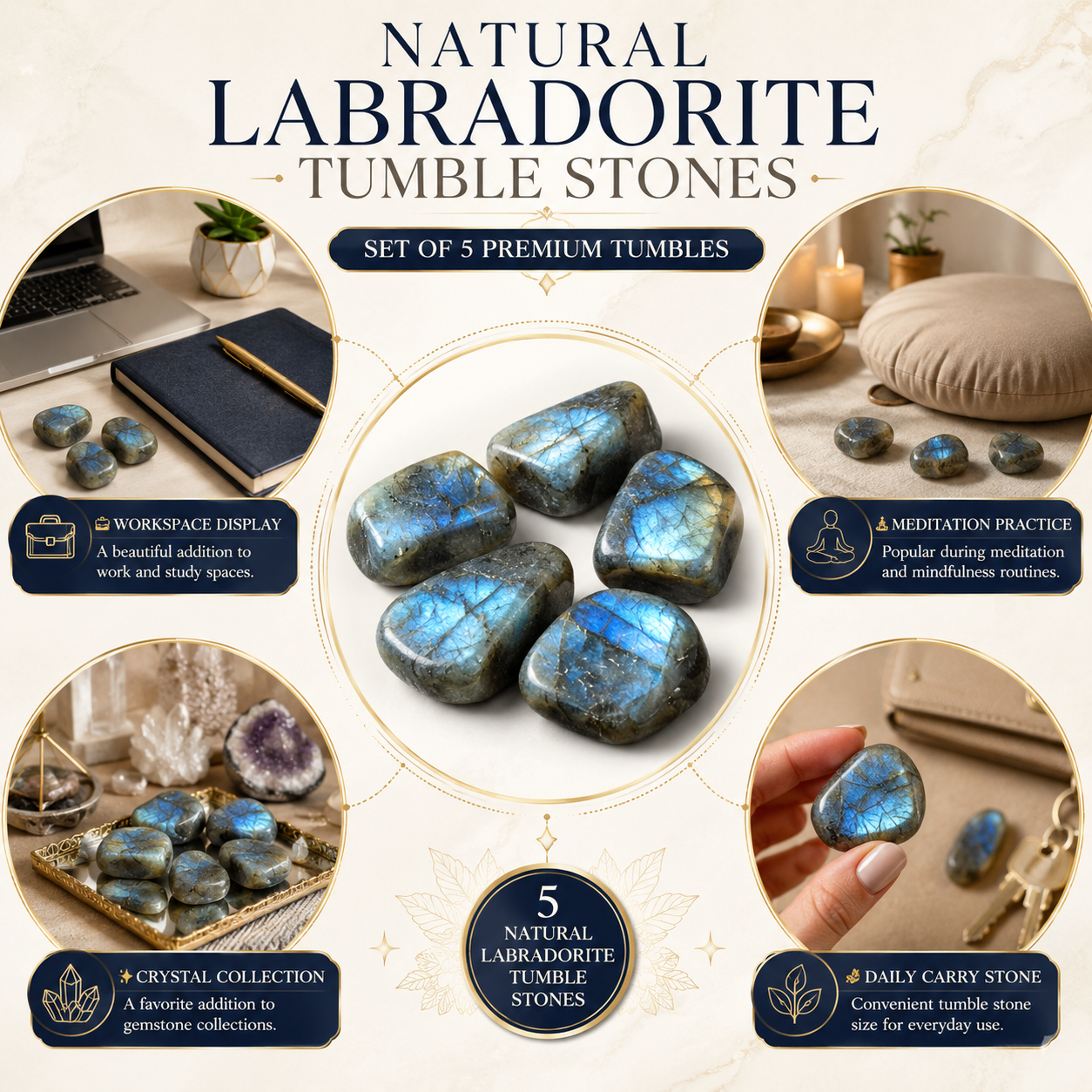 Natural Labradorite Tumble Stones | Set of 5 Premium Polished Labradorite Crystals | Intuition, Transformation & Protection Stones