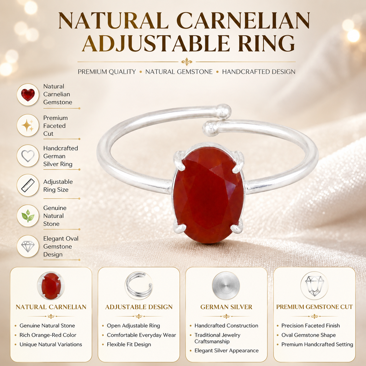 Natural Carnelian Adjustable Ring | Handmade Carnelian Gemstone Ring | Healing Crystal Jewelry