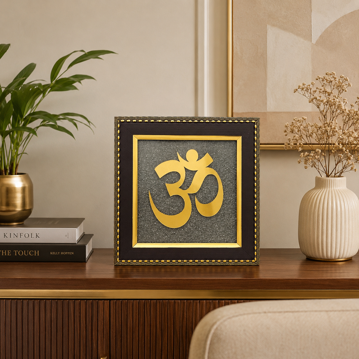 Natural Pyrite Om Frame | Handcrafted Sacred Om Symbol Wall Décor | Spiritual & Positive Energy Frame