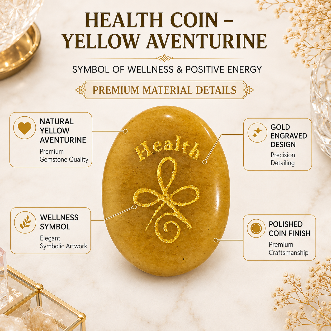 Natural Yellow Aventurine Health Coin | Wellness & Positive Energy Pocket Stone | Engraved Healing Symbol Crystal Coin