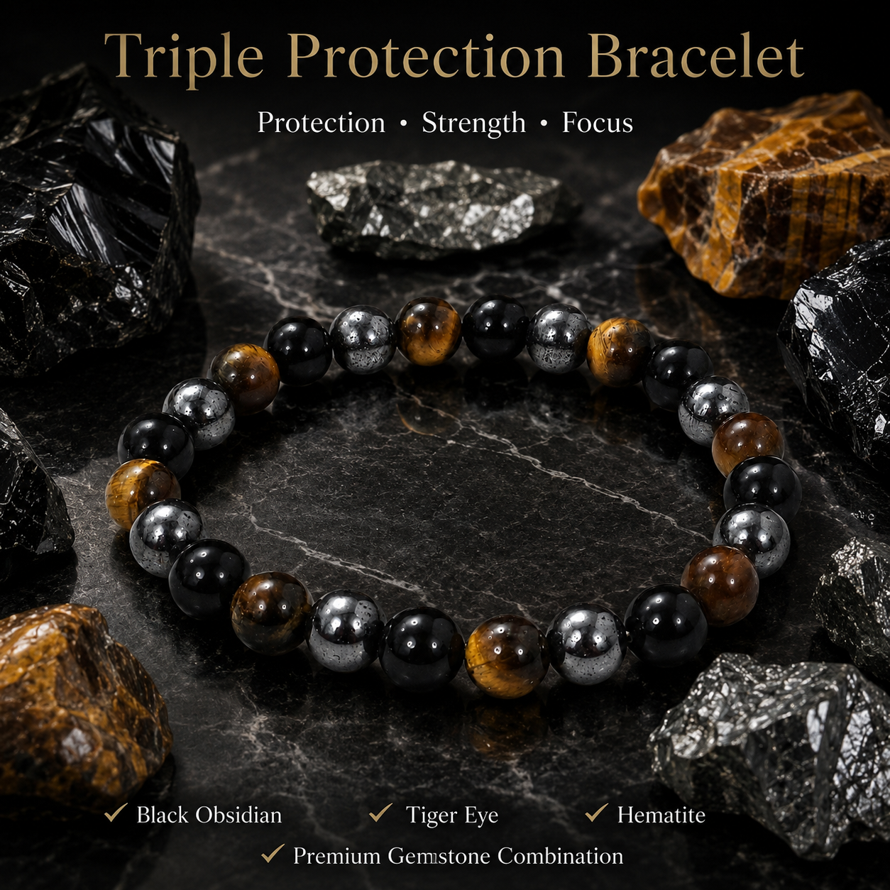 Triple Protection Bracelet – Black Obsidian, Tiger Eye & Hematite Protection Bracelet