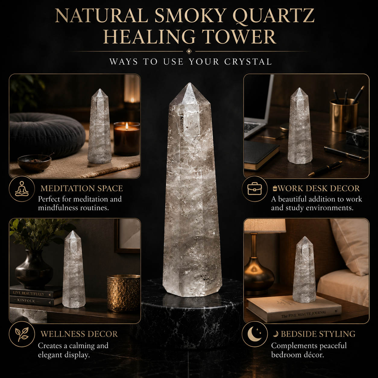 Natural Smoky Quartz Healing Tower | Premium Polished Smoky Quartz Crystal Point | Grounding, Protection & Meditation Crystal