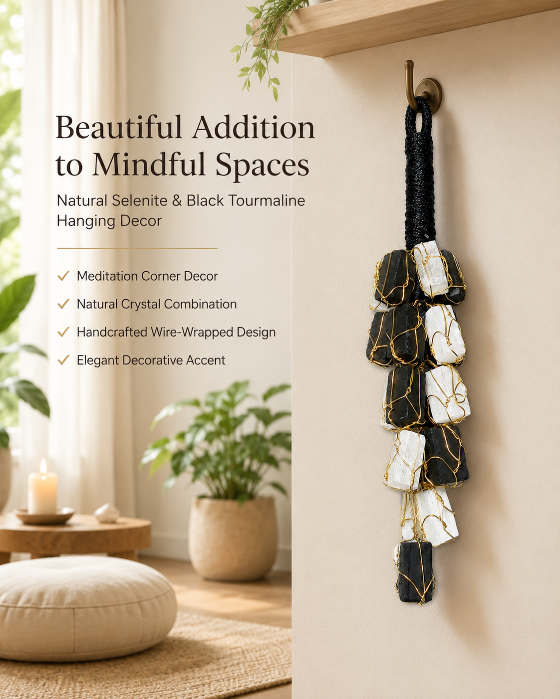 Selenite & Black Tourmaline Hanging Decor | Natural Crystal Home Decor