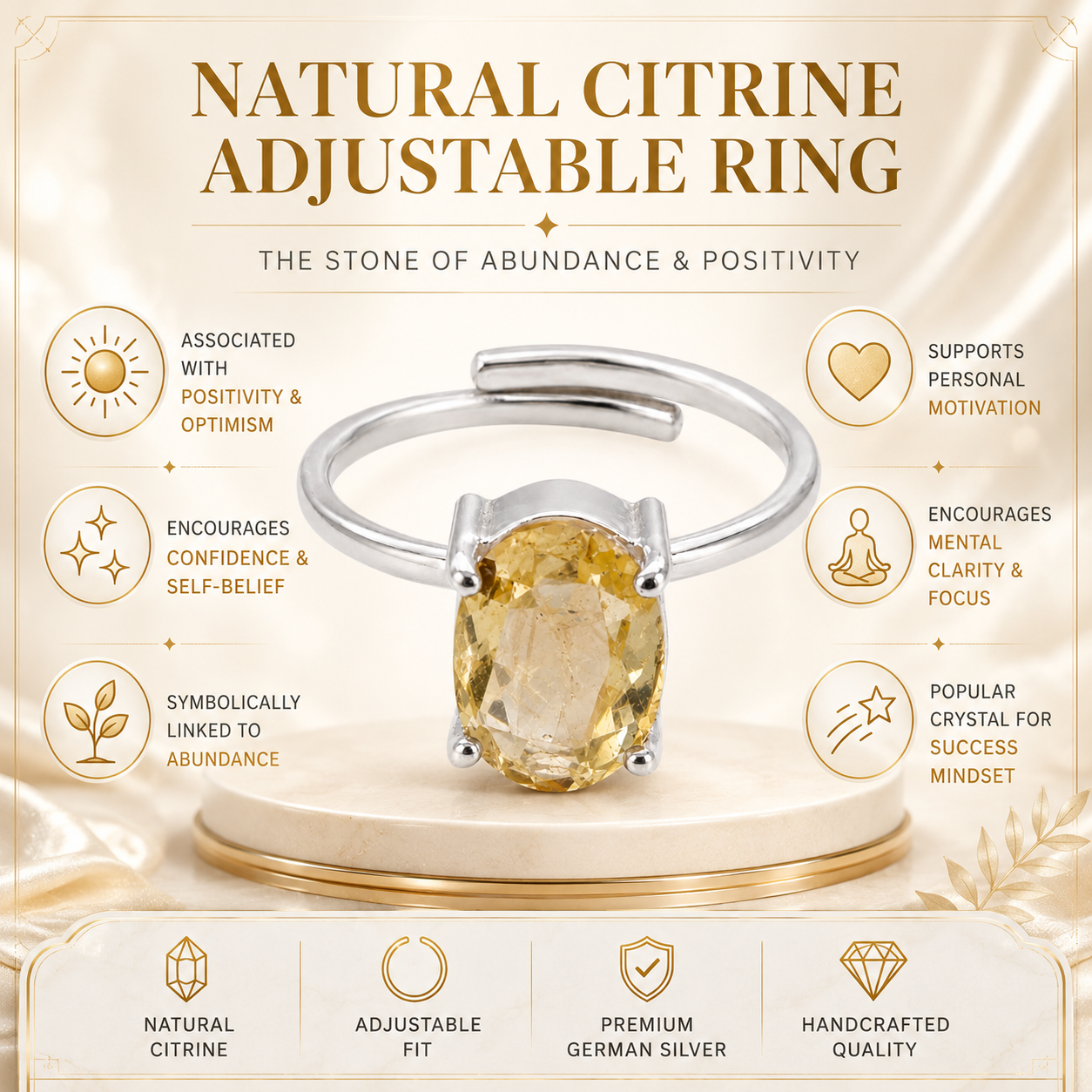Natural Yellow Citrine Adjustable Ring | Handmade Citrine Gemstone Ring | Healing Crystal Jewelry