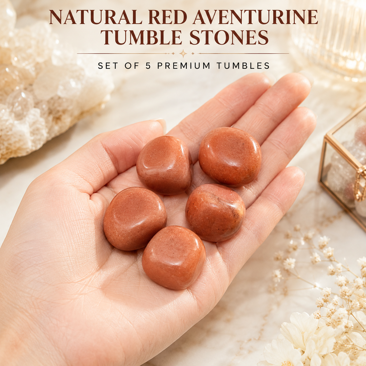 Natural Red Aventurine Tumble Stones | Set of 5 Premium Red Aventurine Crystal Tumbled Stones | Motivation, Confidence & Vitality Healing Crystals