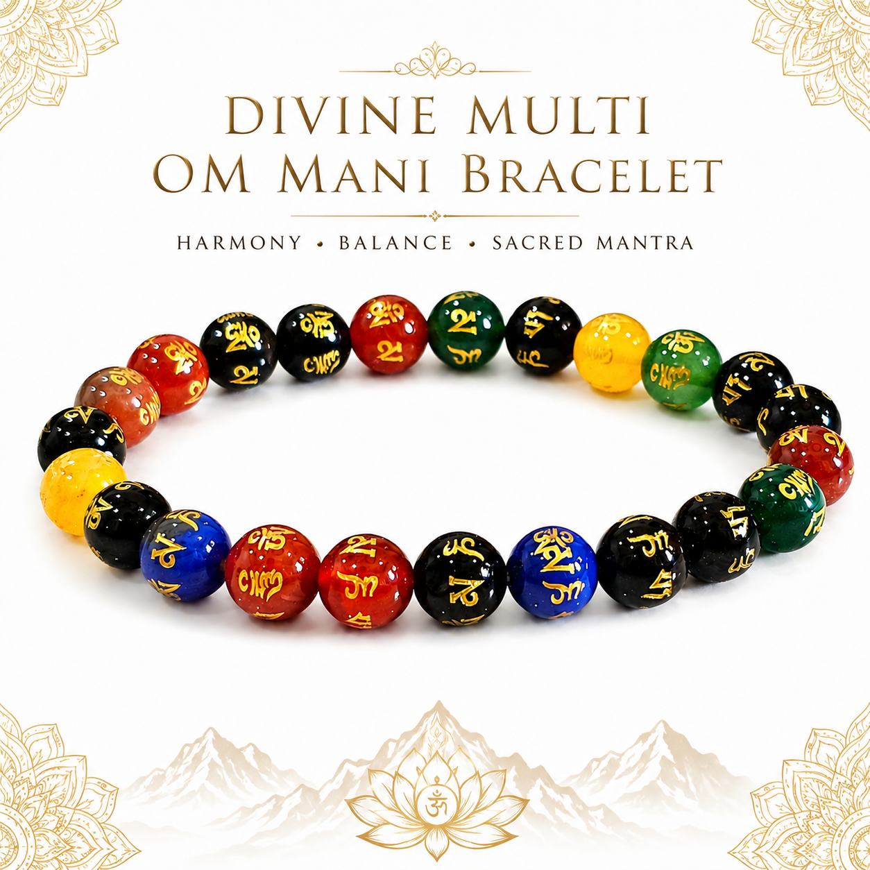 Divine Multi OM Mani Bracelet – Sacred OM Mani Padme Hum Mantra Bracelet for Spiritual Protection, Meditation, Mindfulness & Positive Energy | 8mm Multi-Stone Beads | Lab Certified