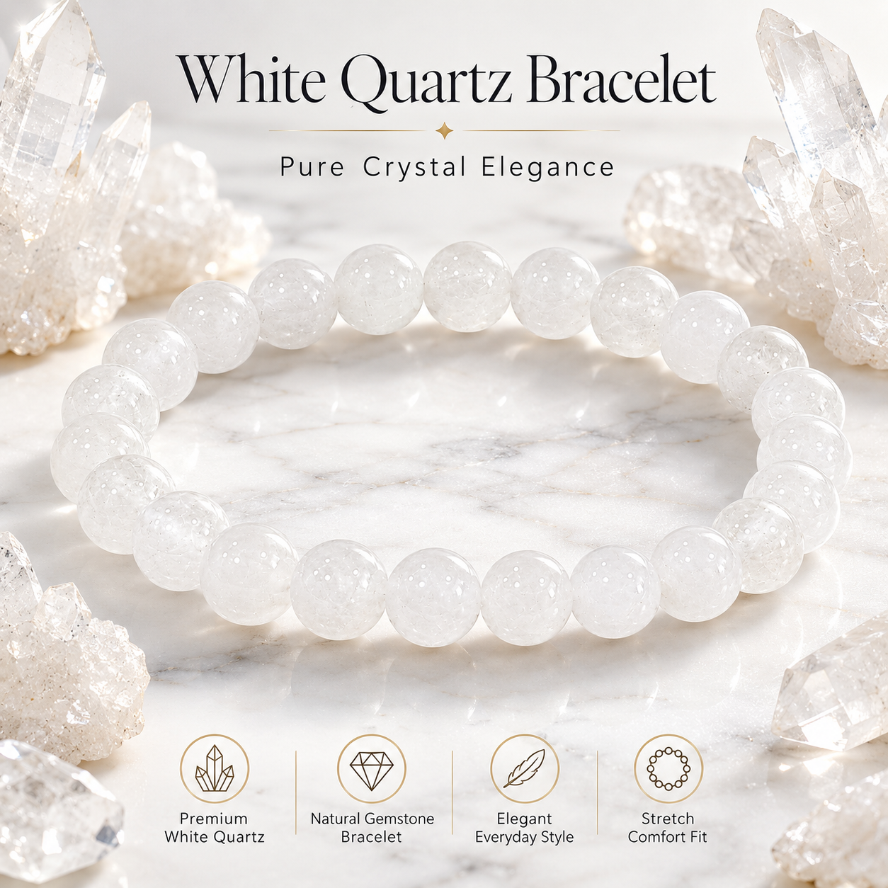 Natural White Quartz Bracelet – Clarity, Balance & Positive Energy Crystal Bracelet