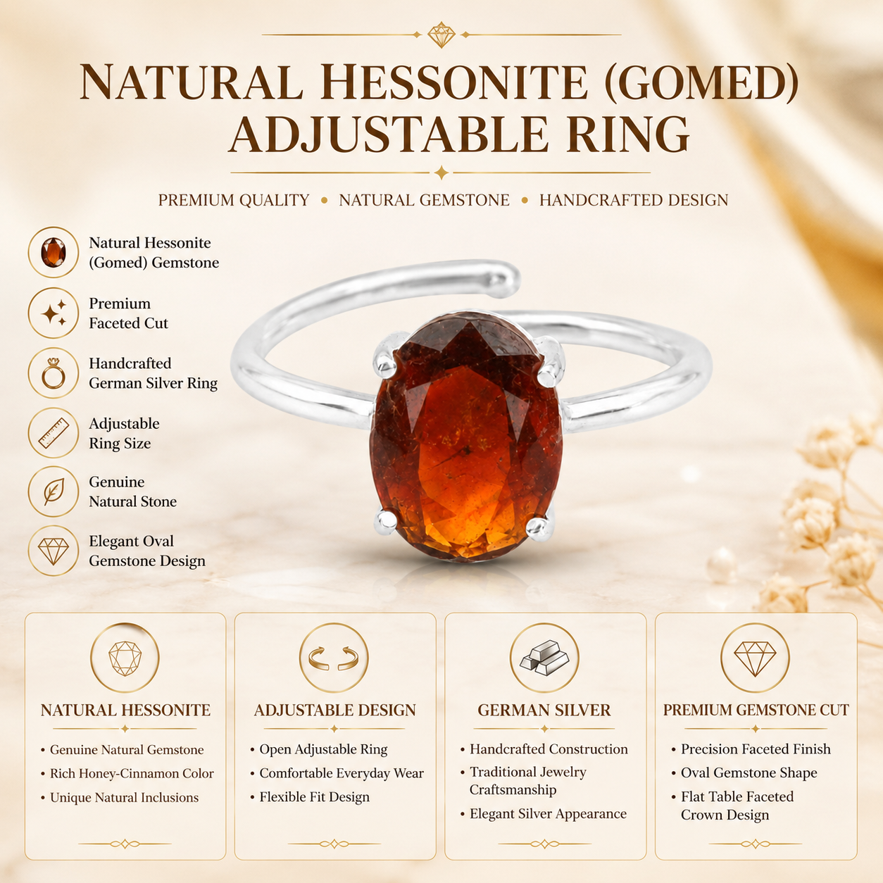 Natural Hessonite (Gomed) Adjustable Ring | Handmade Gomed Gemstone Ring | Healing Crystal Jewelry