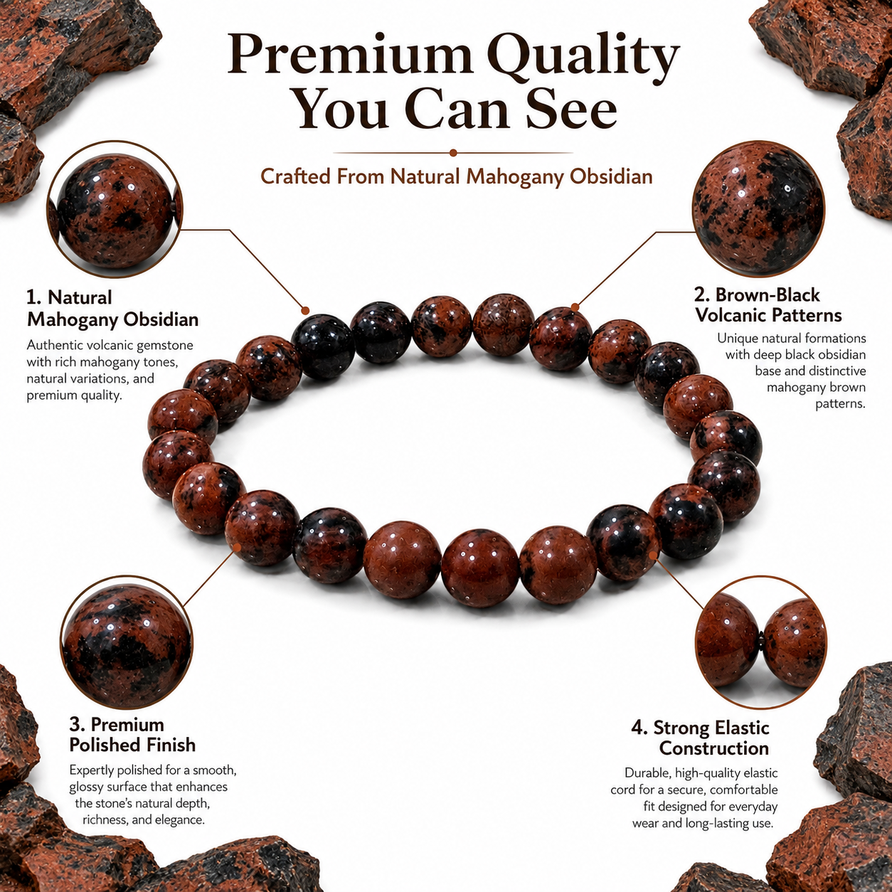 Natural Mahogany Obsidian Bracelet 8mm | Certified Protection & Grounding Gemstone Bracelet