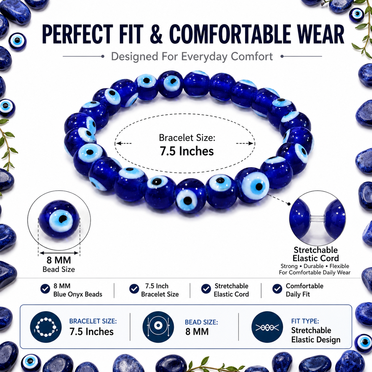 Blue Evil Eye Protection Bracelet 8mm | Certified Nazar Protection & Positive Energy Bracelet