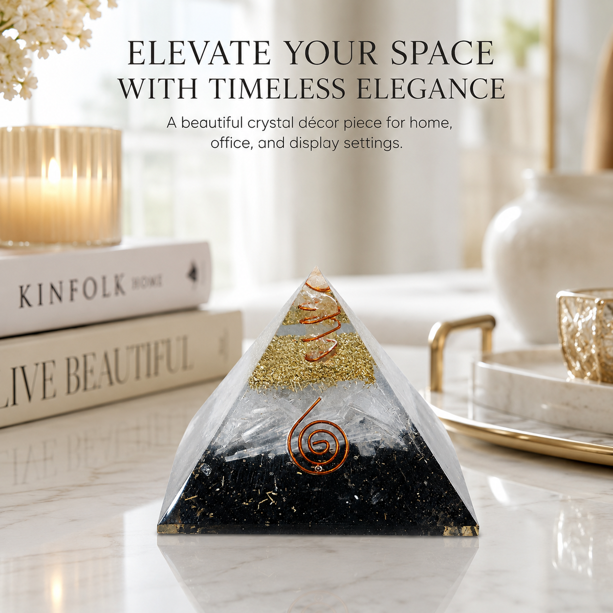 Natural Black Tourmaline & Selenite Orgonite Pyramid