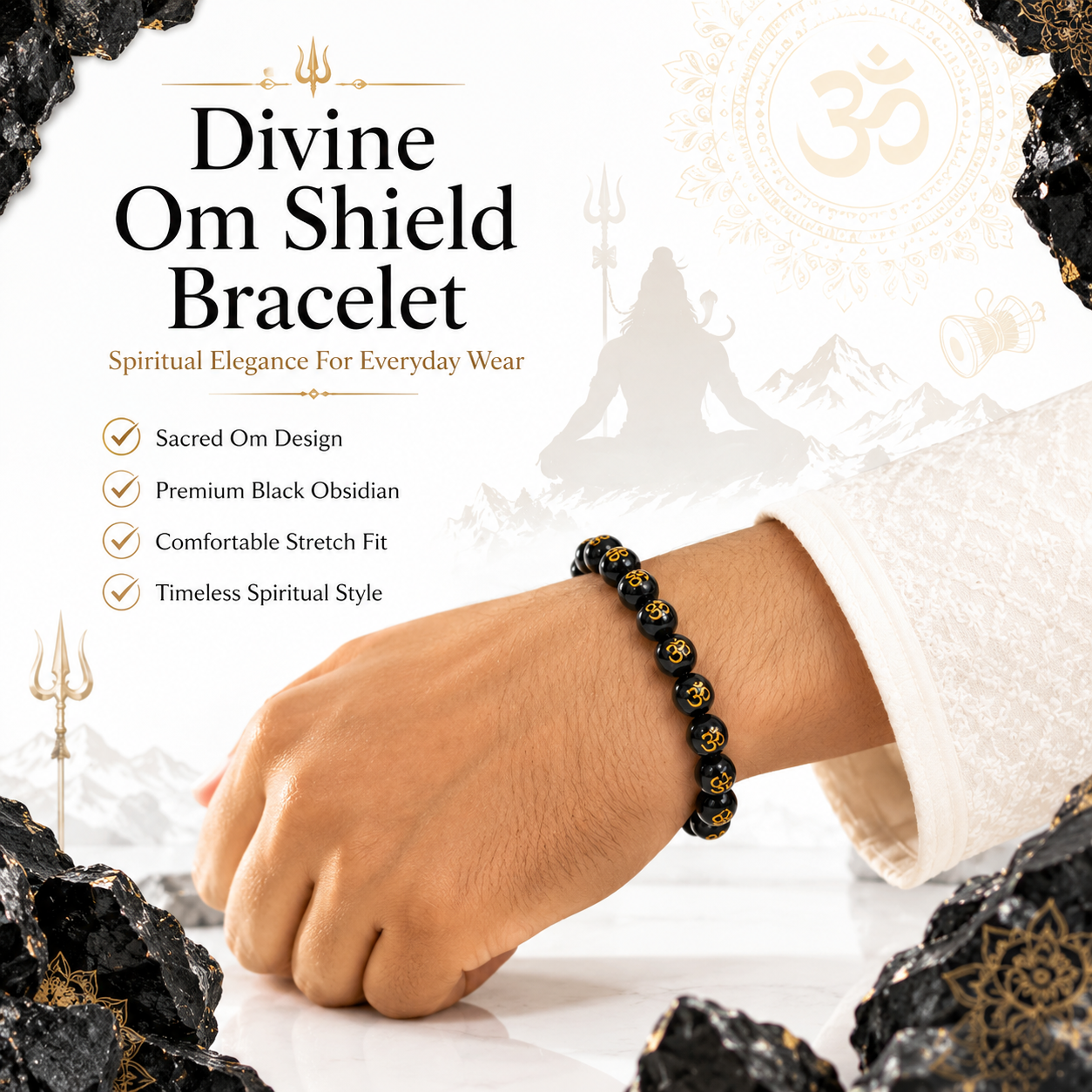 Divine OM Shield Bracelet | Natural Black Obsidian Protection Bracelet with Golden OM Mantra Beads