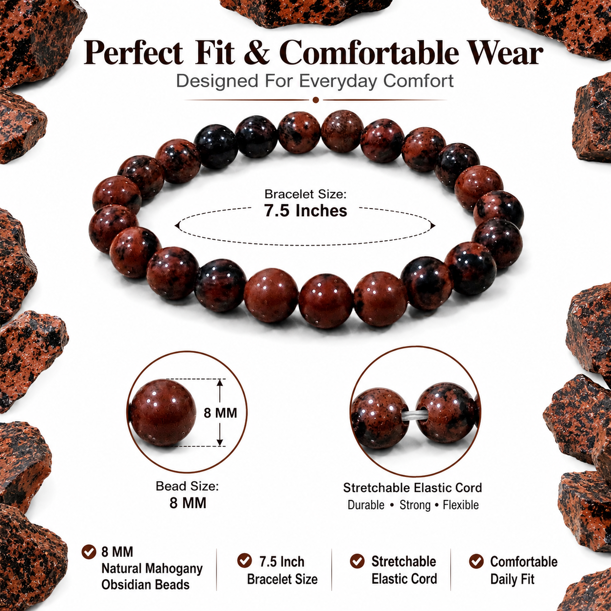 Natural Mahogany Obsidian Bracelet 8mm | Certified Protection & Grounding Gemstone Bracelet