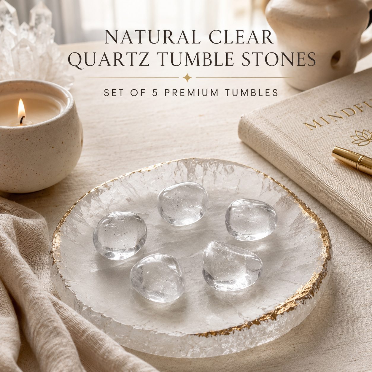 Natural Clear Quartz Tumble Stones | Set of 5 Premium Clear Quartz Crystal Tumbled Stones | Clarity & Energy Amplification Healing Crystals