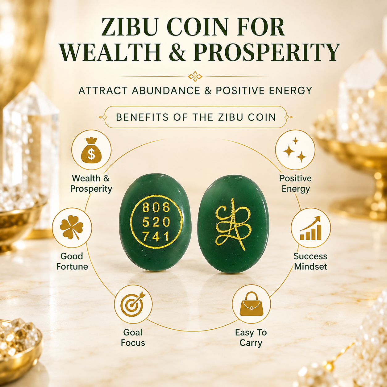 Natural Green Jade Zibu Coin for Wealth & Prosperity | Sacred Abundance Energy Coin | Pocket Crystal for Manifestation & Positive Energy