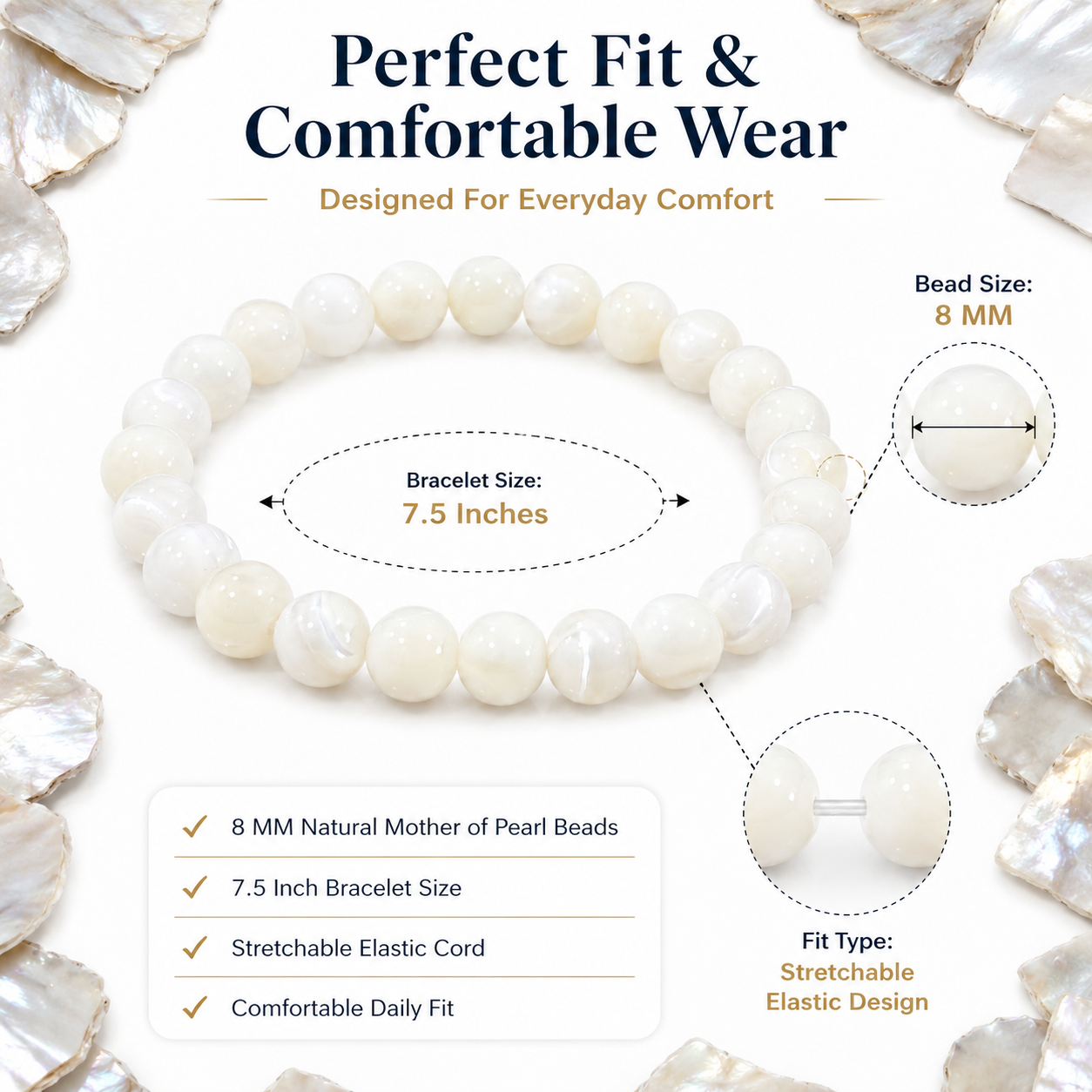Natural Mother of Pearl Bracelet 8mm | Certified Calmness, Wisdom & Harmony Gemstone Bracelet