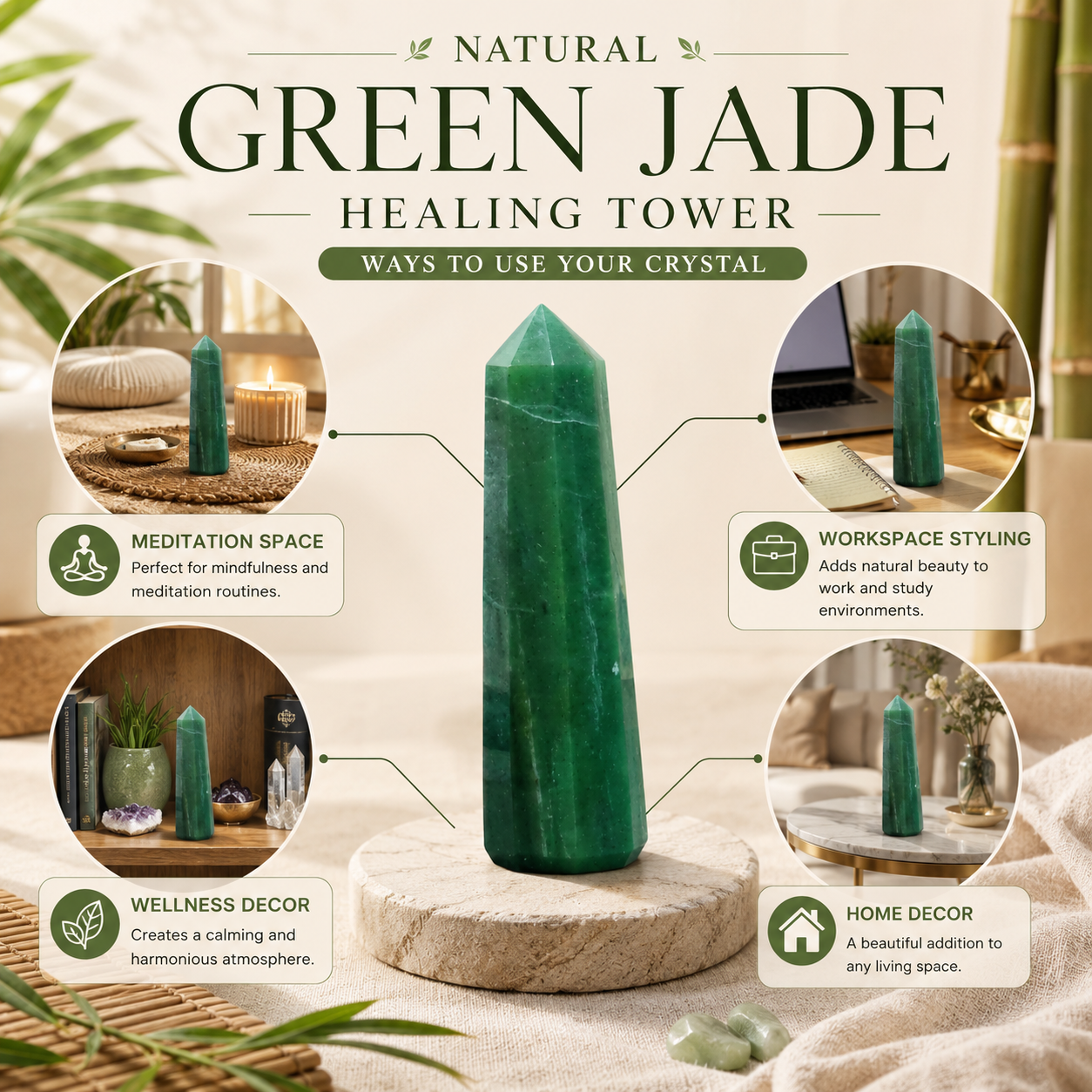 Natural Green Jade Healing Tower | Premium Polished Green Jade Crystal Point | Prosperity, Harmony & Meditation Crystal