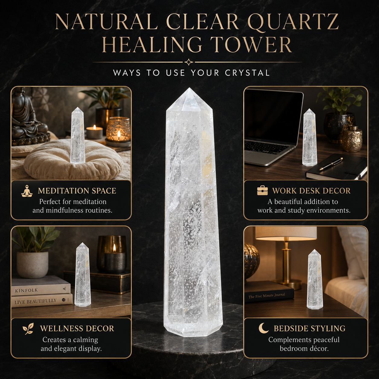 Natural Clear Quartz Healing Tower | Premium Polished Clear Quartz Crystal Point | Energy Amplification, Clarity & Meditation Crystal
