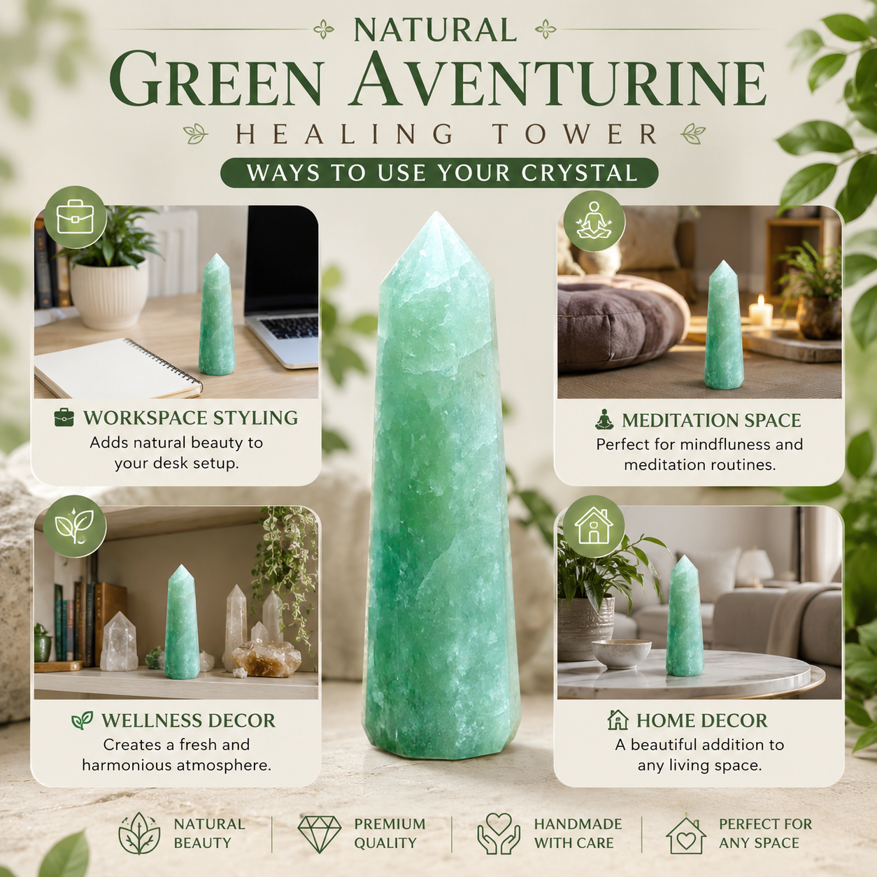 Natural Green Aventurine Healing Tower | Premium Polished Green Aventurine Crystal Point | Prosperity, Abundance & Meditation Crystal