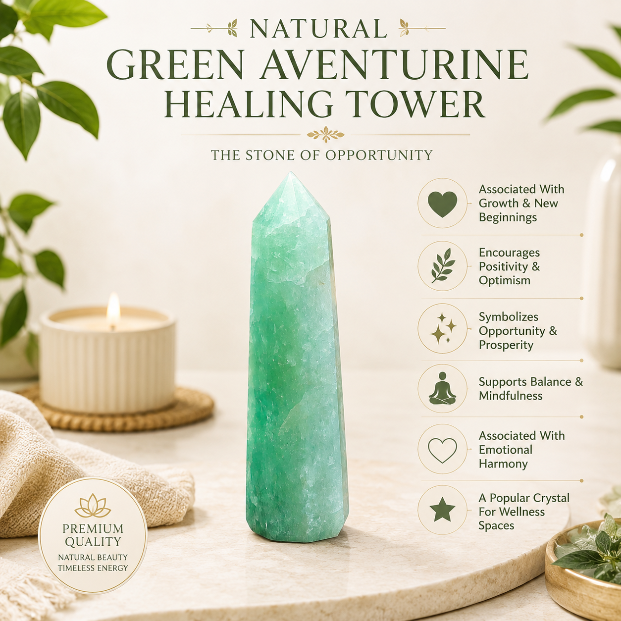 Natural Green Aventurine Healing Tower | Premium Polished Green Aventurine Crystal Point | Prosperity, Abundance & Meditation Crystal