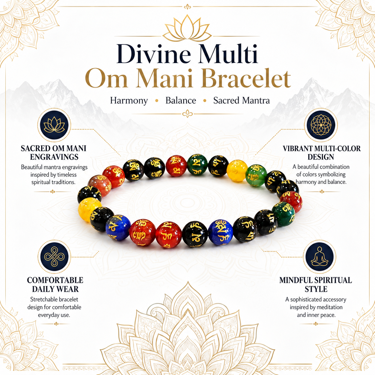 Divine Multi OM Mani Bracelet – Sacred OM Mani Padme Hum Mantra Bracelet for Spiritual Protection, Meditation, Mindfulness & Positive Energy | 8mm Multi-Stone Beads | Lab Certified