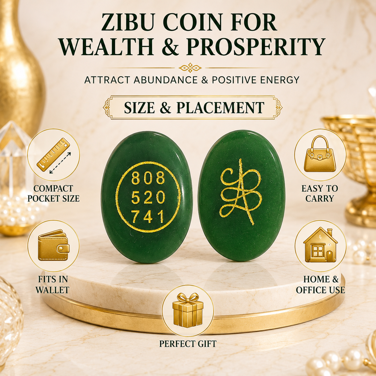 Natural Green Jade Zibu Coin for Wealth & Prosperity | Sacred Abundance Energy Coin | Pocket Crystal for Manifestation & Positive Energy