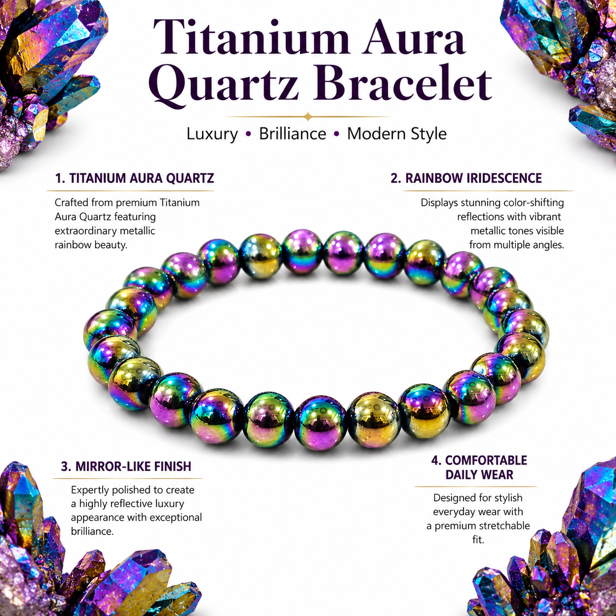 Titanium Aura Quartz Bracelet 8mm | Certified Energy, Positivity & Spiritual Growth Bracelet