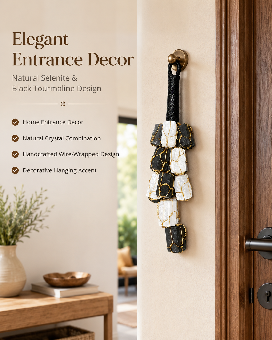 Selenite & Black Tourmaline Hanging Decor | Natural Crystal Protection Hanging | 15 Stones | Home & Office Decor