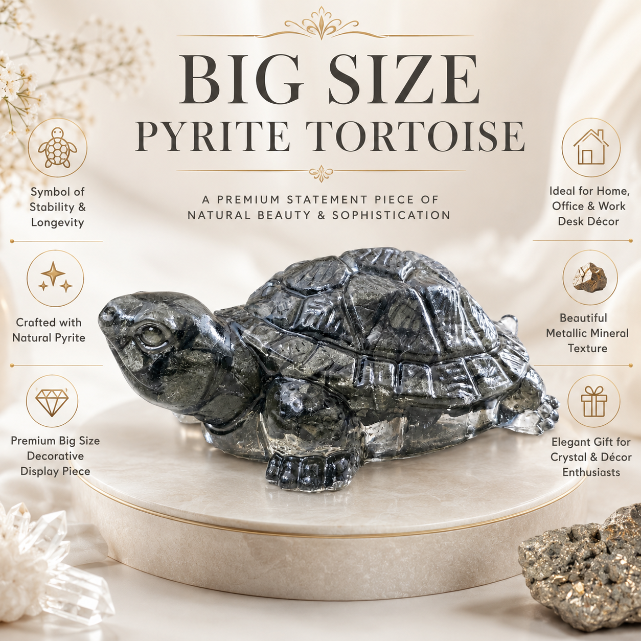 Natural Big Size Pyrite Tortoise – Handcrafted Crystal Tortoise Figurine