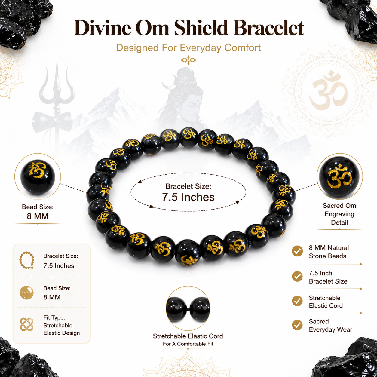 Divine OM Shield Bracelet | Natural Black Obsidian Protection Bracelet with Golden OM Mantra Beads