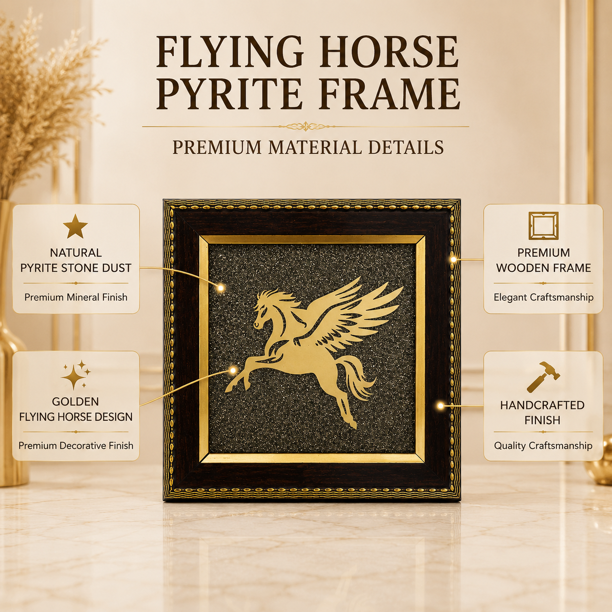 Natural Pyrite Flying Horse Frame | Pegasus Symbol Wall Décor | Handcrafted Decorative Frame for Home & Office